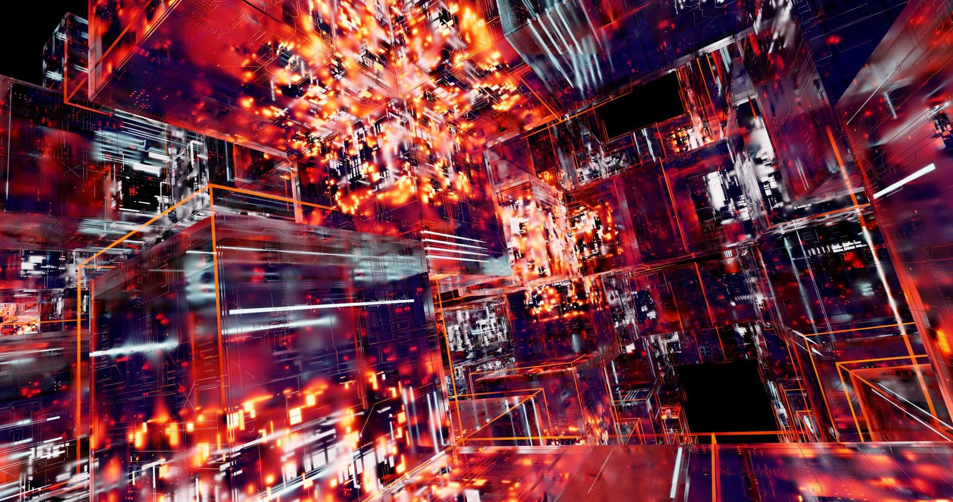 AI Automation — Abstract digital artwork featuring futuristic cubes with glowing neon lights and intricate patterns.