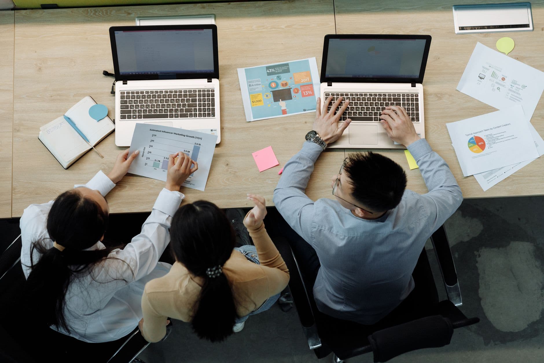 Business Automation — Three colleagues working on laptops and documents at a desk, collaborating on business projects.